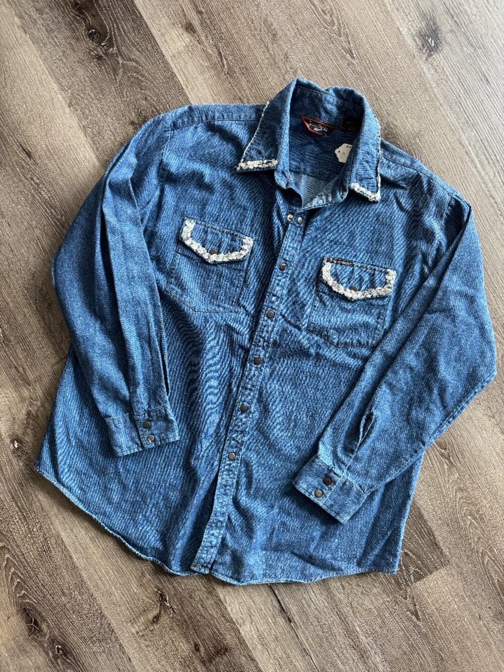 Vintage 1980s Transitions by Zellers Shirt | Blue Sequin Denim Button Up XL